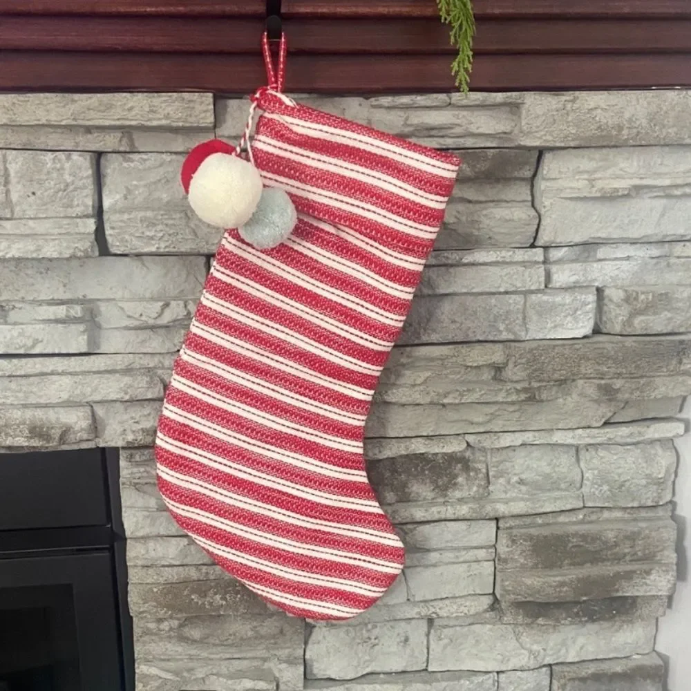 Hearth & Hand Red-White Striped Holiday Christmas Stocking Linen Blend